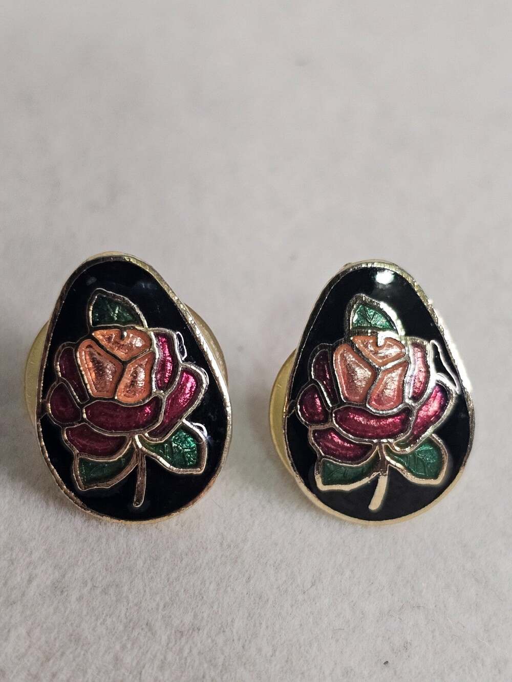 Vintage Cloisonne Floral Rose Enamel Pierced Earrings Drop Shaped So beautiful